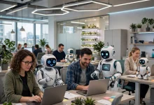 AI assistant robots working alongside people in a modern office
