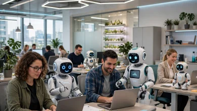 AI assistant robots working alongside people in a modern office