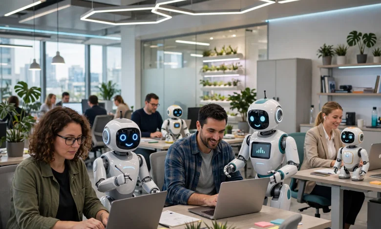 AI assistant robots working alongside people in a modern office