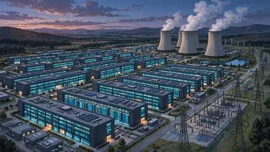 Modern AI data centre with rows of glowing server halls at dusk