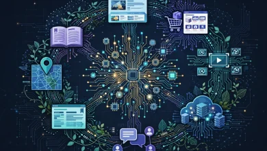 Interconnected websites and AI circuits forming a looping digital network